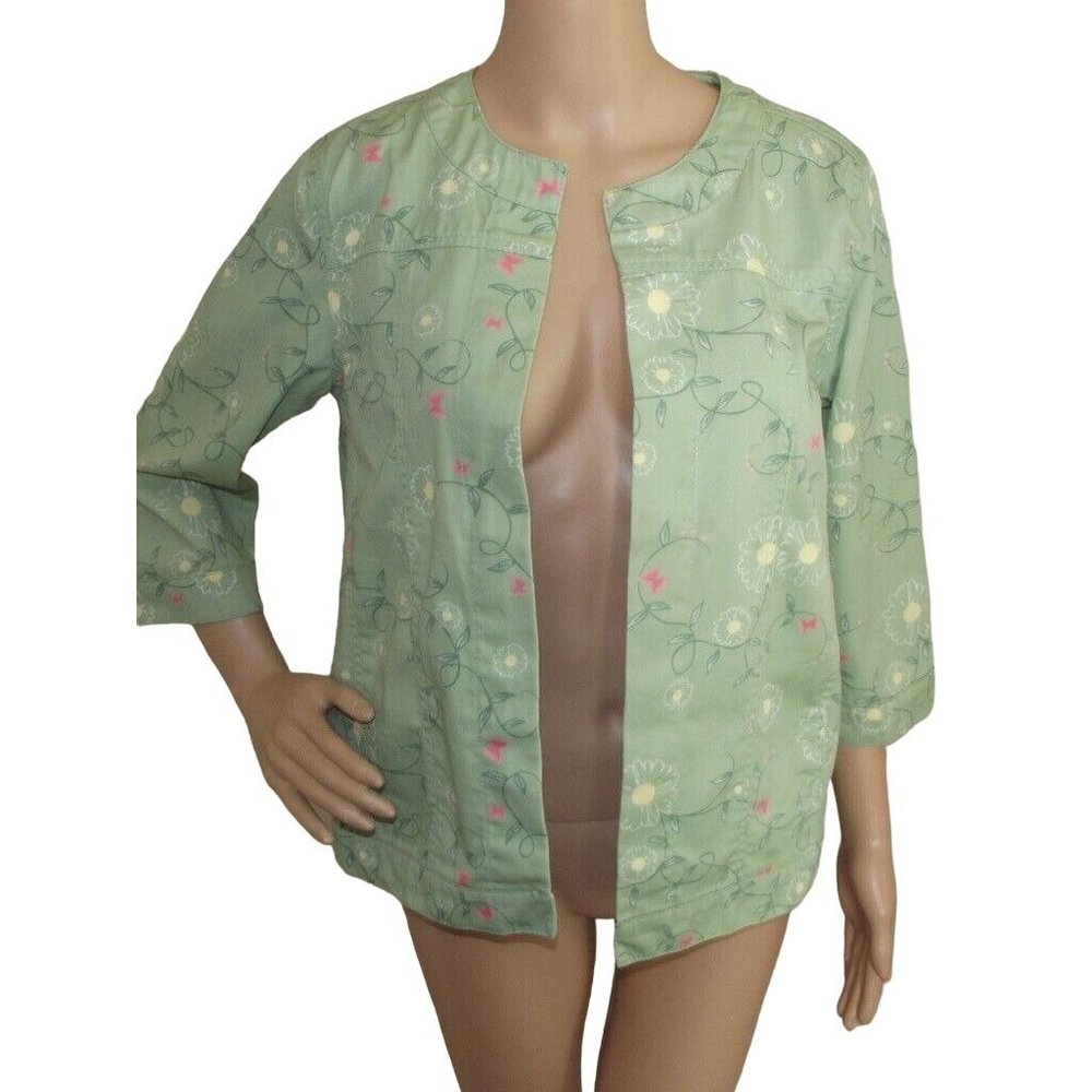 Blair Denim Jacket Women Small Green Floral 3/4-Sleeve Open Front Pockets Cotton